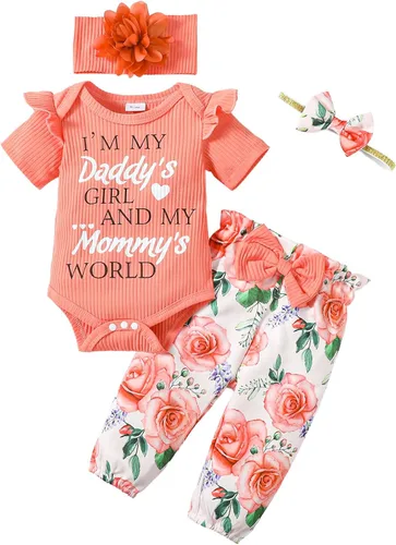 Vista 24 de SUNNY PIGGY Ropa para bebé recién nacida, 4 piezas, lindos trajes de otoño Rosa (Bow Pink)