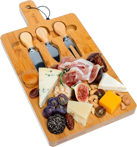Vista 13 de Juego de tabla de queso de bambú y cuchillos de 14 x 11 pulgadas – Tabla de cortar queso de madera, bandeja de servir, juego de tabla de embutidos