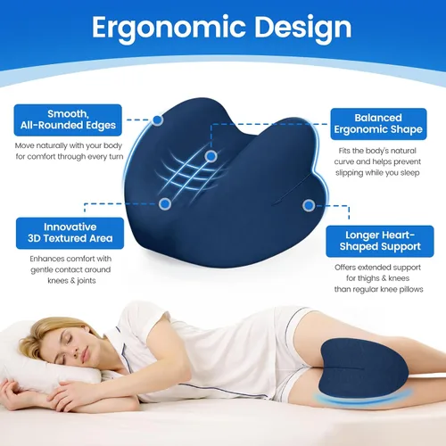 Vista 3 de Almohada de rodilla para dormir de lado, almohada de espuma viscoelástica de alta densidad para dormir de lado, diseño en forma de corazón para Azul