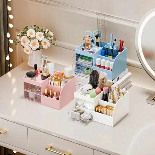 Vista 2 de Organizador de maquillaje con 2 cajones, organizadores de maquillaje para encimera de tocador y baño, organización de maquillaje y almacenamiento