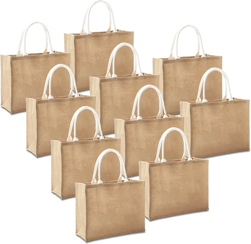 Vista 7 de Bolsas de viaje de yute, juego de 10 bolsas de arpillera, medianas de 14.5 x 6.7 x 10.2 pulgadas, bolsa reutilizable para fiestas, bodas, playa