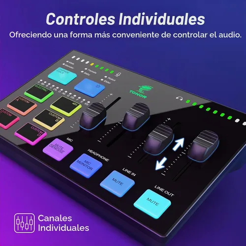 Vista 3 de TONOR Set de interfaz de audio y micrófono, paquete de equipo de podcast, mezclador de audio USB con RGB, micrófono dinámico XLR con calidad