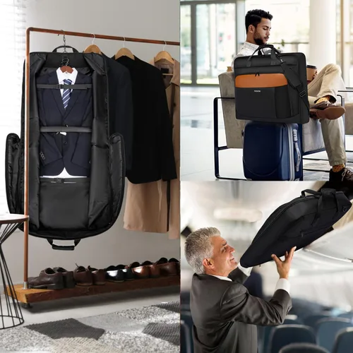 Vista 7 de Bolsa de ropa para viajes, bolsa grande de traje para hombre, hasta 3 trajes, bolsas de ropa para viajes de negocios, maleta colgante 2 en 1