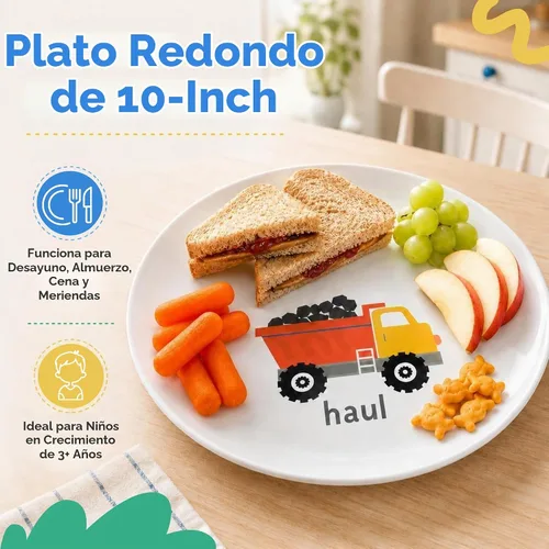 Vista 3 de Tiny Expressions - Placas de construcción para niños pequeños - Juego de 4 platos de melamina para niños - Excavadora, mezcladora de cemento