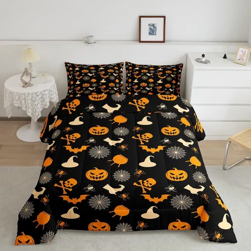 Vista 41 de Feelyou Juego de edredón de Halloween, color rosa fantasma, juego de ropa de cama tamaño individual, decoración para niños y niñas, lindo juego
