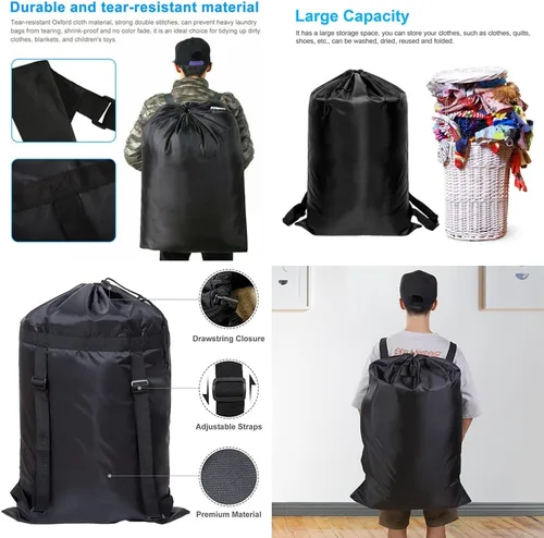 Vista 2 de Magik Paquete de 1 a 2 bolsas de lavandería de viaje negras con correas ajustables y asas (1 unidad)