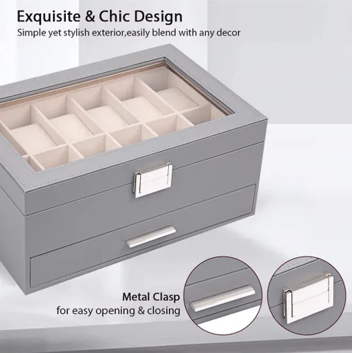 Vista 3 de Voova Joyero organizador de cajas de reloj para hombres y mujeres 2 capas grandes de 12 ranuras de piel sintética estuche de almacenamiento
