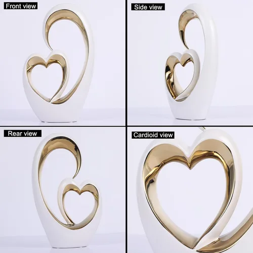 Vista 5 de Estatuas de corazón de cerámica de oro blanco, esculturas abstractas para el hogar, para dormitorio, boda, decoración de San Valentín y regalos