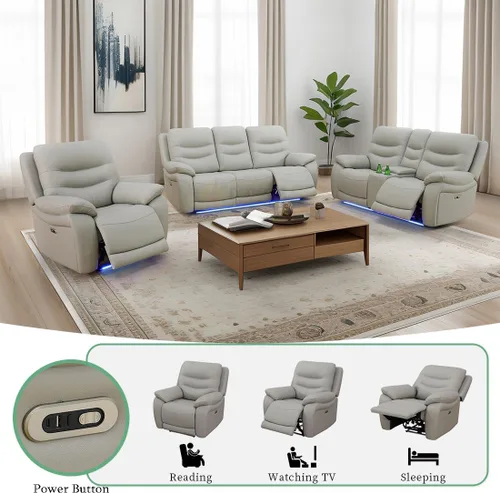 Vista 63 de Juego de sofá reclinable eléctrico, seccional de cuero transpirable beige, juego de muebles de sala de estar, 2 piezas, sofá reclinable eléctrico