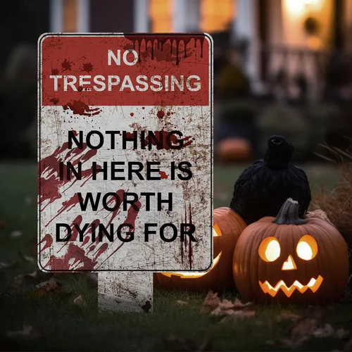 Vista 8 de Letrero de decoración de Halloween aterrador para exteriores con texto en inglés "I Choose Between Multiple Creepy Beware" opciones