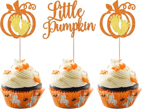 Vista 9 de Rsstarxi Paquete de 24 decoraciones de calabaza con purpurina para cupcakes de primer cumpleaños, decoración de pastel de calabaza para el primer