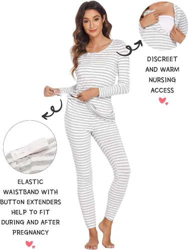 Vista 2 de Ekouaer Ropa interior térmica con botones para mujer, pijama de maternidad con forro polar de microfibra, conjunto de pijamas de invierno largo