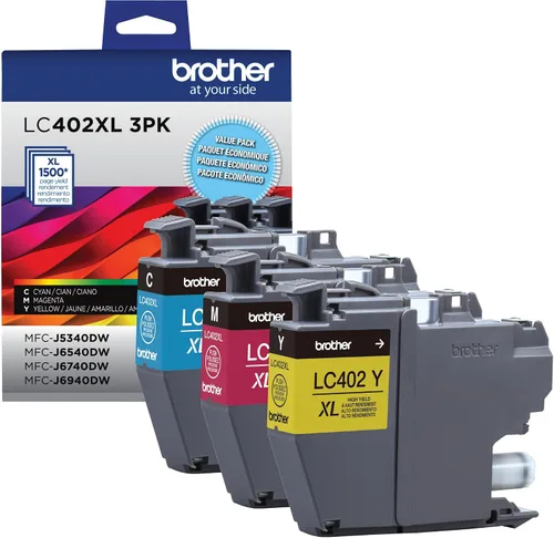 Vista 2 de Brother Genuine LC402XL 3PK Paquete de 3 cartuchos de tinta de alto rendimiento, cian, magenta y amarillo, negro