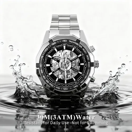 Vista 6 de Gute Relojes para hombre, esqueleto mecánico, de acero inoxidable, impermeable, automático, reloj de pulsera steampunk con esfera X de lujo