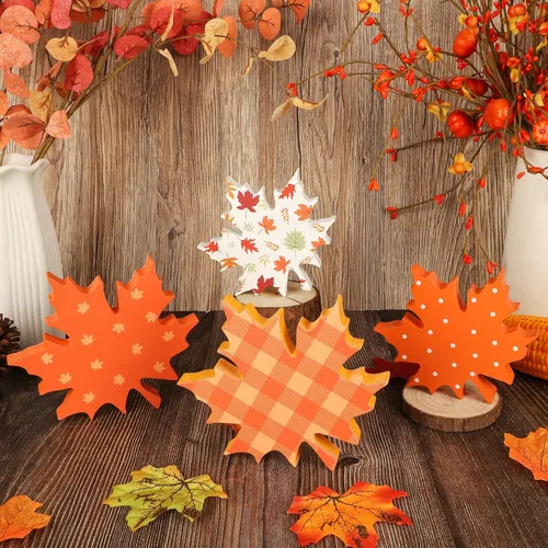 Vista 8 de COCHIE Decoraciones de hojas de otoño de madera para oficina en el hogar, granja, set de 4 para decoración de mesa de Acción de Gracias, bandeja