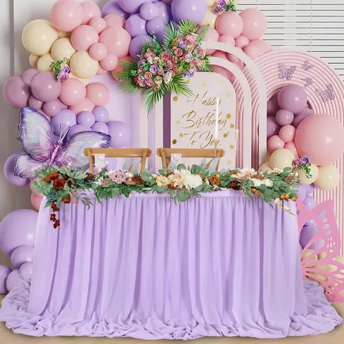 Vista 15 de QueenDream Falda de mesa de gasa azul bebé de 6 pies para mesa rectangular, mantel transparente para baby shower, boda, cumpleaños, fiesta temática