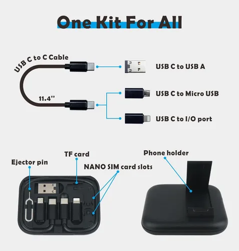 Vista 2 de Tarjeta de carga USB-C: kit de cable adaptador de carga múltiple USB con cable de 11.0 in, adaptadores USB C a A/Micro USB/luz, estuche de espejo