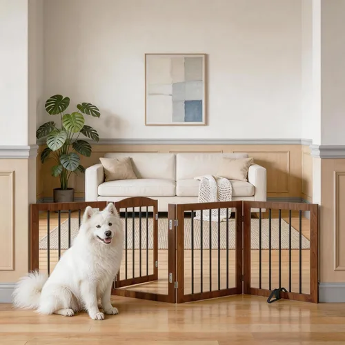 Vista 2 de Vantas Puerta plegable para mascotas de 80 pulgadas de ancho, 30 pulgadas de alto, puerta de madera para perros sin montaje con puerta pasante