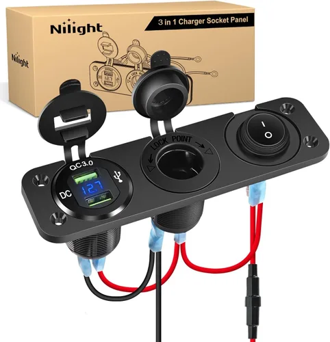 Vista 9 de Nilight - Panel de enchufe de salida 4 en 1, 12V CC, 4.8A, voltímetro LED, interruptor basculante de encendido y apagado con luz, encendedor