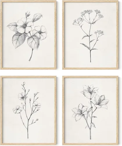 Vista 14 de HAUS AND HUES Arte de pared floral gris, juego de 4 pósteres de plantas para pared vintage, impresiones botánicas, cuadros de flores en blanco