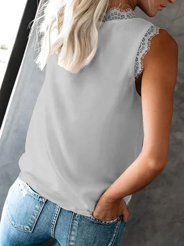 Vista 3 de Famulily Blusa sin mangas con encaje y cuello en V para mujer