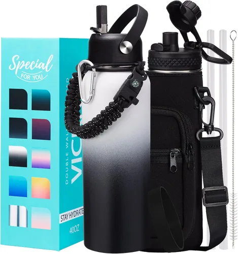 Vista 47 de Botellas de agua de 32 onzas aisladas con pajita y tapa para beber de un sorbo, asa de paracord, bolsa de transporte con correa, termo de triple