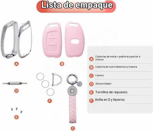 Vista 5 de Funda para llave inteligente con llavero, de piel auténtica color rosa, con cristales, carcasa protectora