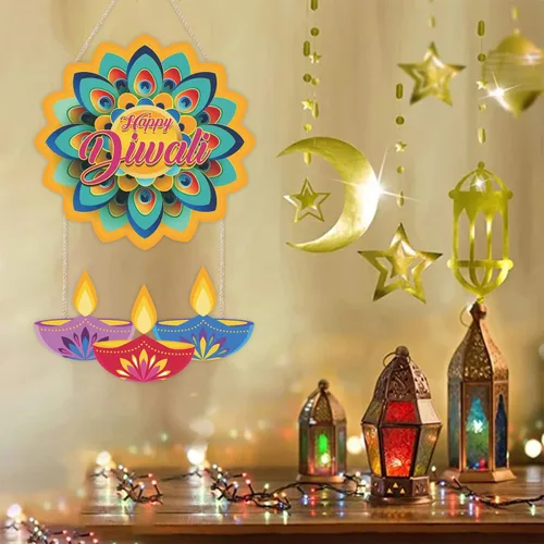 Vista 5 de LHIUEM Diwali - Letreros de madera de Happy Diwali para decoración de pared, juego de 2 (10 x 20 pulgadas), decoración de loto, pancarta india Happy