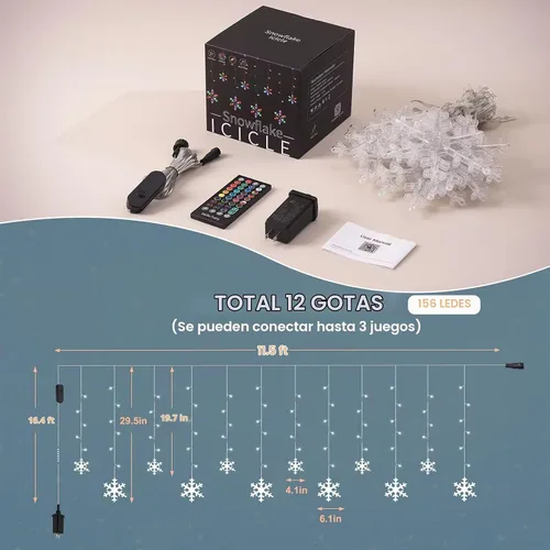 Vista 5 de Luces de Navidad inteligentes de copo de nieve, 156 luces LED de 12 gotas de 3.5 m, enchufe, control remoto por aplicación con 16 millones