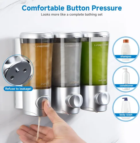 Vista 6 de Dispensador de Champú y Acondicionador, Dispensador de Ducha de 3 Cámaras sin Taladro, Dispensador de Champú para Ducha Montado en la Pared