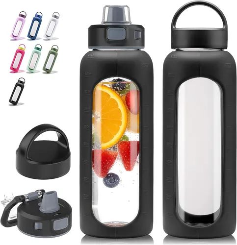 Vista 19 de Kodrine - Botella de agua de vidrio de 20 onzas con popote y 2 tapas para fácil transporte, con asa, funda de silicona y marcador de tiempo, botella