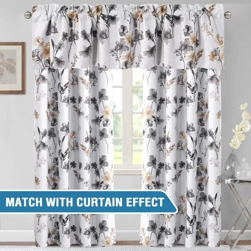 Vista 2 de H.VERSAILTEX cenefas de cortina 100% opacas para ventanas de cocina, juego de 2 paneles, estampado floral Cattleya Leah, cenefas térmicas aisladas