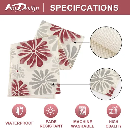Vista 6 de AnyDesign Camino de mesa floral acuarela con flores rojas y grises, decoración de mesa de comedor, cubierta rústica para interiores y exteriores