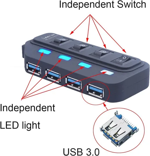 Vista 6 de ciway 4-Port USB 3.0 Hub con adaptador de alimentación y interruptores independientes Indicador LED luz (Negro)