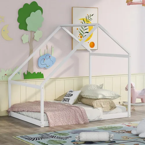 Vista 17 de Cama de madera maciza tamaño individual con techo, nido, 3 cajones de almacenamiento, sofá cama de plataforma para muebles de dormitorio, sala