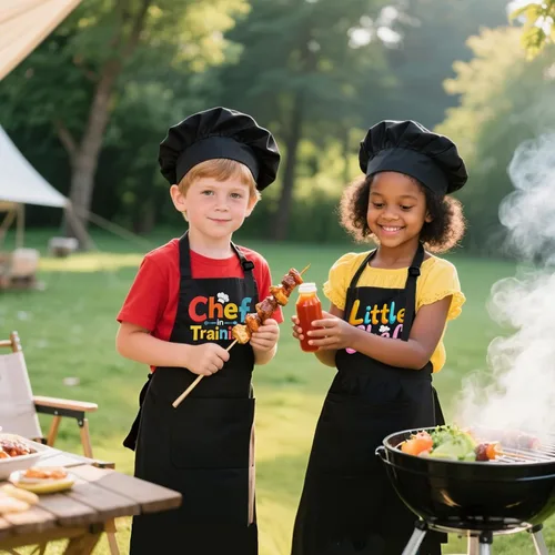 Vista 5 de Juego de Delantal y Gorro de Chef para Niños - Delantal de Cocina Ajustable para Niños con 2 Bolsillos, Negro, para Niños y Niñas de 3 a 8 Años