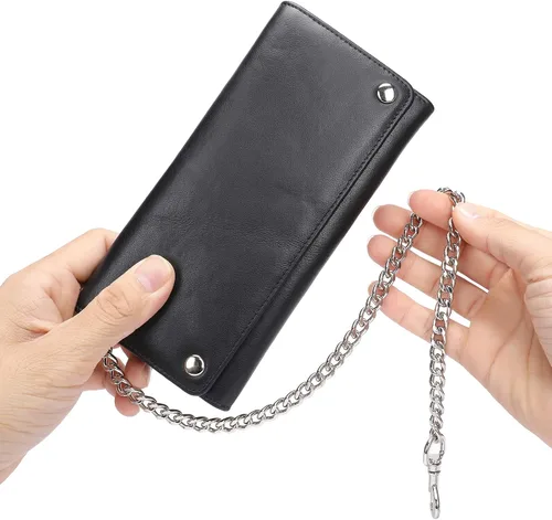 Vista 4 de NIUCUNZH Cartera de cuero genuino para hombre con cadena RFID Trifold Biker