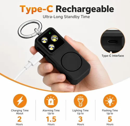 Vista 4 de Alarma de seguridad personal, sirena estroboscópica recargable de 150dB