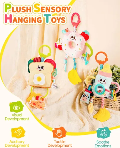 Vista 2 de Jollybaby Juguete de Vibración para Bebé con Tirón - Juguetes Sensoriales Colgantes para Tiempo Boca Abajo para Asiento de Carro, Cochecito, Cuna