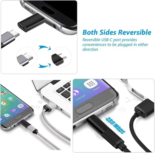 Vista 3 de Adaptador USB C hembra a micro USB macho (paquete de 2), adaptador micro USB a USB C, cargador rápido, cable de alimentación, extensor de tira