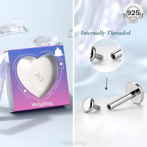 Vista 7 de Melighting Aretes de hélice de plata esterlina 925 para cartílago, roscados internamente, tragus, aretes de espalda plana, 6/0.315 in, piercing