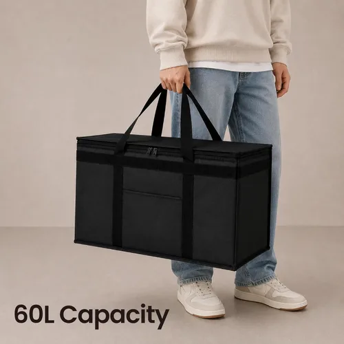 Vista 6 de Bolsa térmica XXL aislada y calentador de alimentos para entrega y compras de comestibles con parte superior con cremallera, color negro