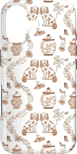Vista 32 de Funda para iPhone XS Max Preppy Marrón y Blanco Toile Chinoiserie Perros y Jengibre
