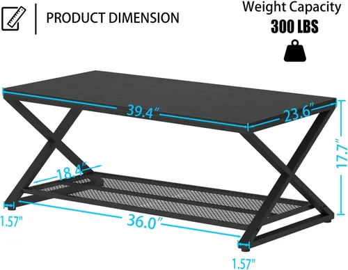 Vista 2 de LVB Mesa de café negra, mesas centrales de 2 niveles de metal y madera con estante de almacenamiento, mesa de té moderna rectangular para el cóctel