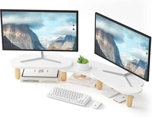 Vista 8 de AFOOYO Soporte elevador para monitor, 31.5 pulgadas de madera ligera LED con patas acrílicas ajustables, accesorios de escritorio, soporte