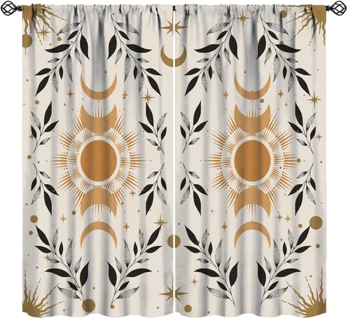 Vista 17 de Cortinas retro de luna, bosque mágico con hojas iluminadas por la luna, cortinas de plantas, diseño gótico floral de cielo estrellado para ventana