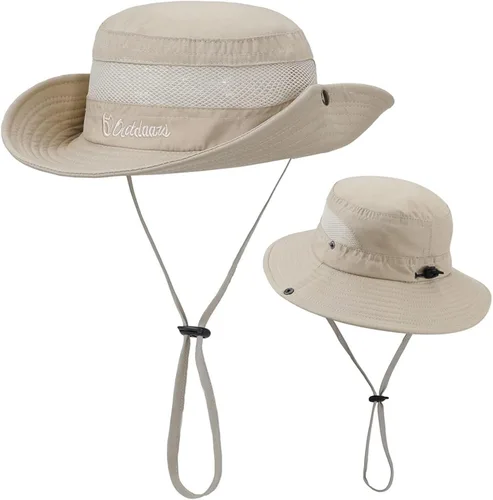 Vista 4 de Sombrero de sol de ala ancha UPF50 con cordón ajustable de protección para pescador unisex para exteriores, playa, senderismo Beige