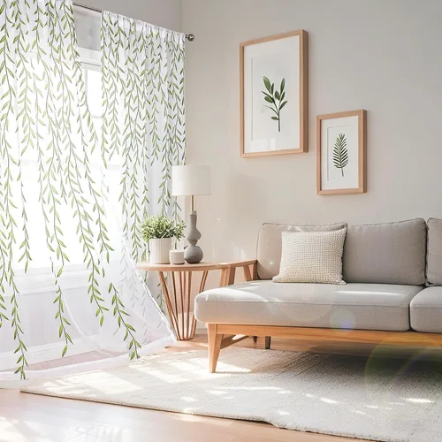 Vista 3 de BROSHAN - Cortinas transparentes con estampado verde, color blanco, 2
