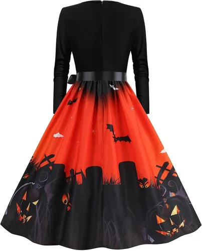 Vista 4 de Disfraces de Halloween para mujer, vestido de cóctel de manga larga con encaje, vestido de calabaza y fantasma, disfraz de fiesta de cosplay