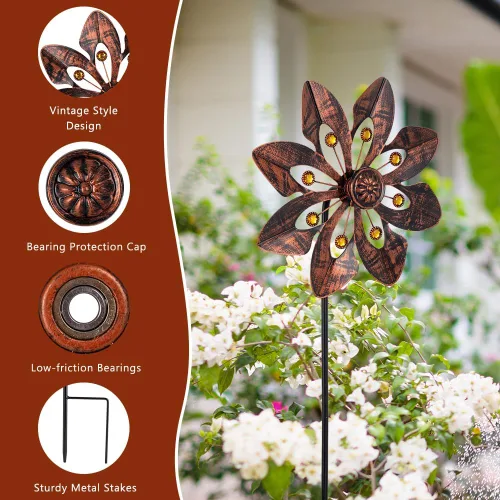 Vista 4 de VEWOGARDEN Paquete de 2 molinillos de viento para exteriores, metal con diseño de flores para decoración de patio, jardín, césped, bronce antiguo